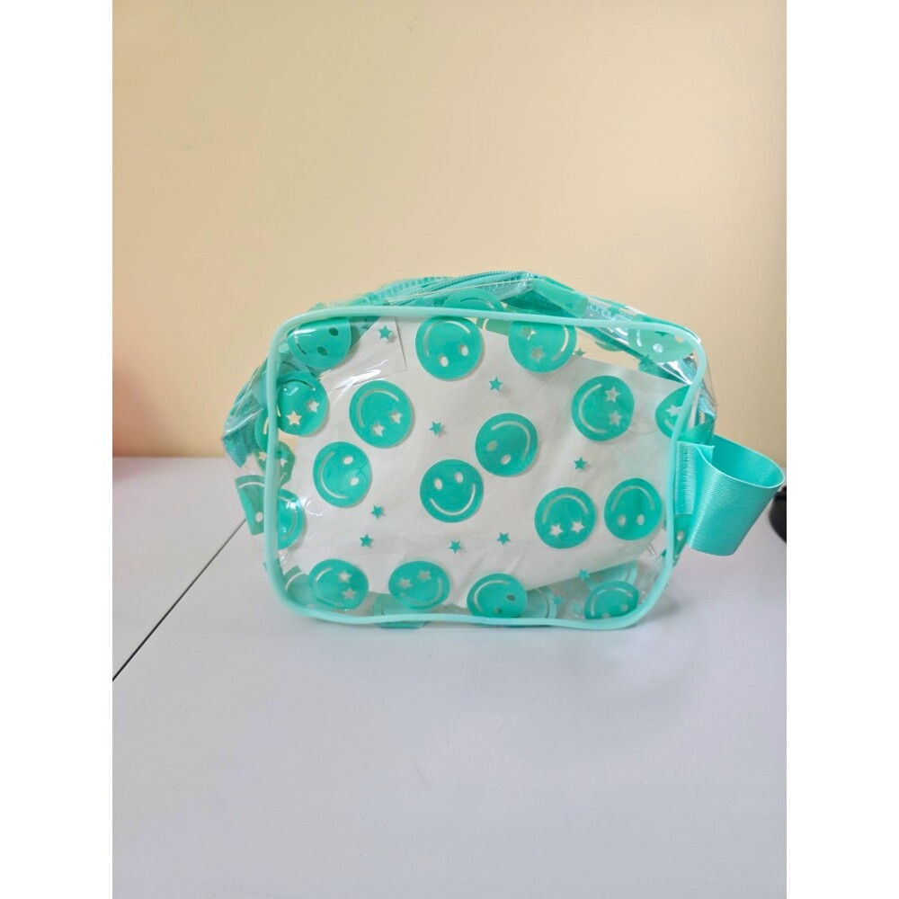B20 Clear Green Plastic Makeup Bag, Zipper Closure, Smiley Face Print